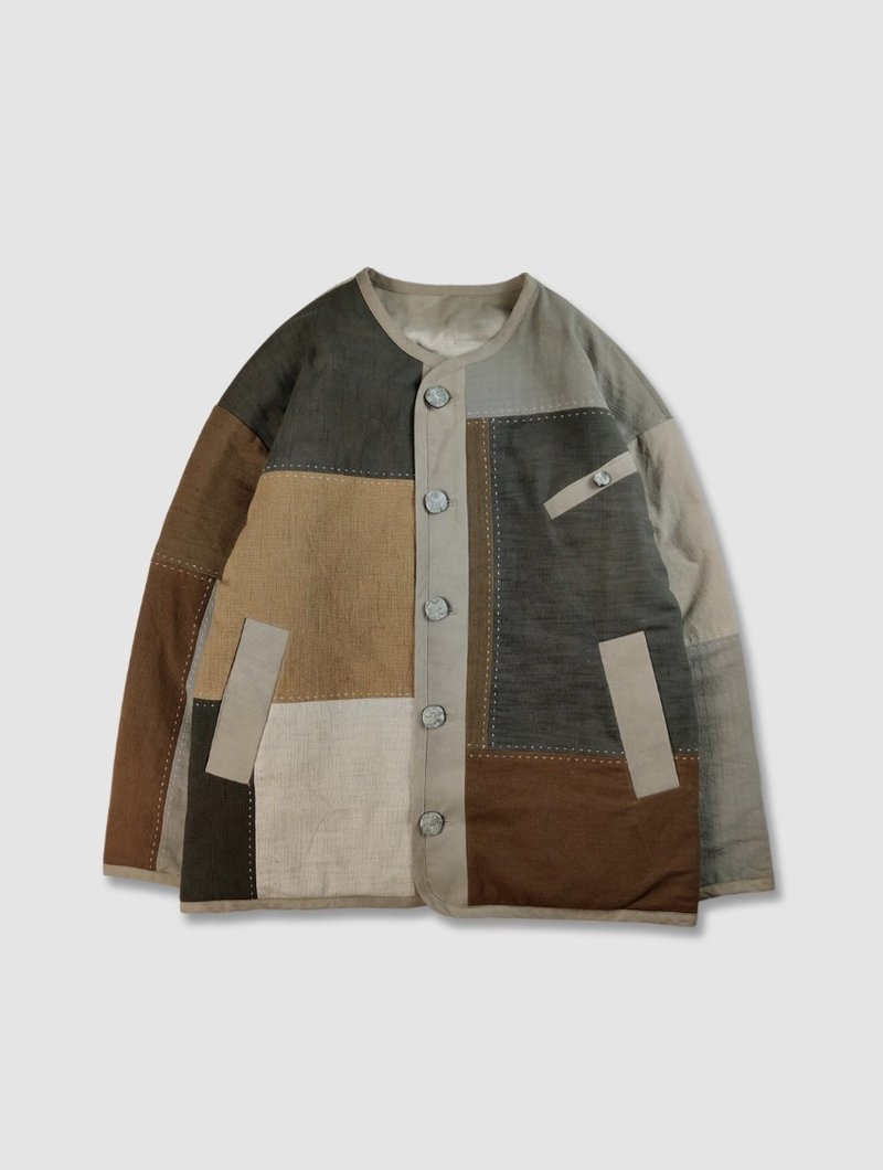 Thousands of earth tones vintage twill stitching sashiko embroidery cotton coat - เสื้อโค้ทผู้ชาย - วัสดุอื่นๆ หลากหลายสี