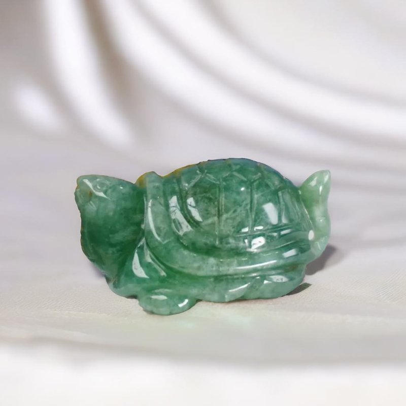[Auspiciousness‧Longevity] Green Floating Flower Jadeite Turtle Ornament | Natural Grade A Burmese Jadeite | Gift - Other - Jade Green