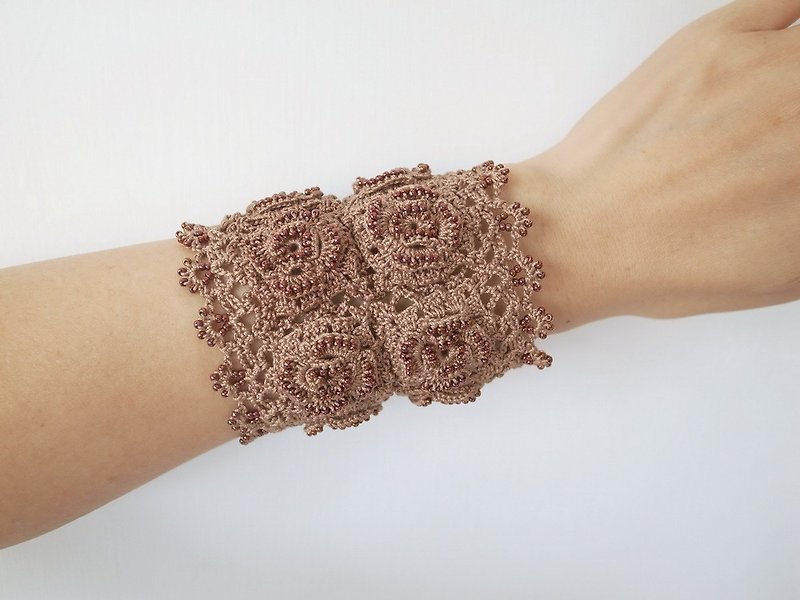 Irish Crochet Lace Jewelry (Irish Love 4-b) Fiber Art Bracelet - Bracelets - Cotton & Hemp Brown