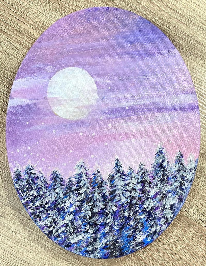 Moonlight night snow scene illustration/ Acrylic painting/canvas (oval 24x30cm) - โปสเตอร์ - ผ้าฝ้าย/ผ้าลินิน สีม่วง