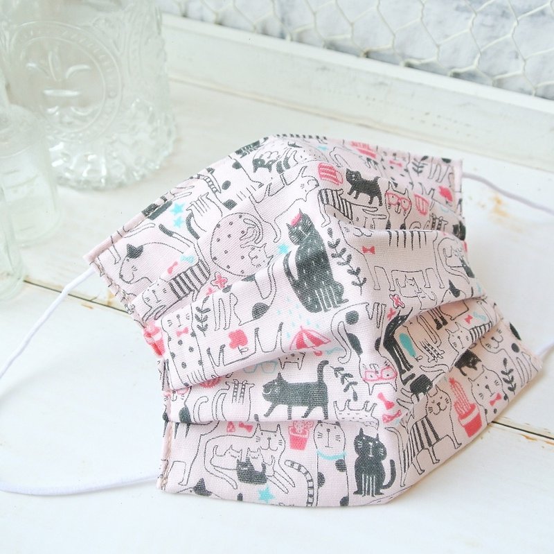 Cat lovers! | handmade mask Dots and Stripes Cat Pink | Comfortable cotton gauze - マスク - コットン・麻 ピンク