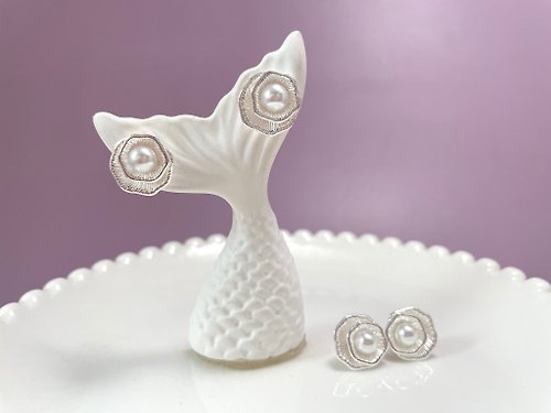 Athena珍珠設計 白蓮花 Akoya 海水珍珠 青光 純銀 耳環