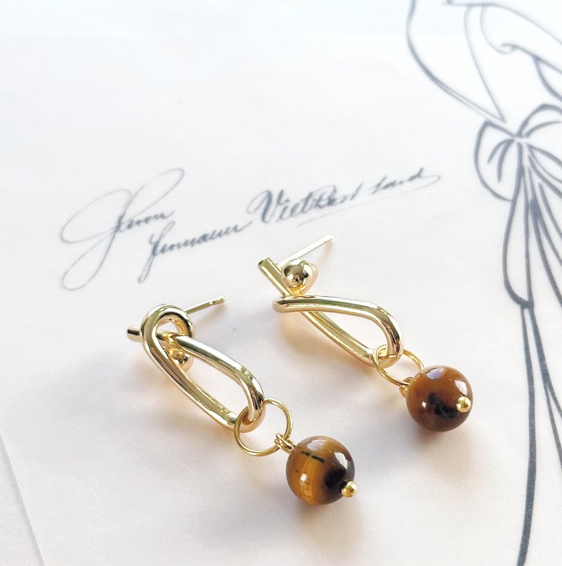 Tiger eye Earrings, Bridesmaid Gold Dangle - ต่างหู - เครื่องเพชรพลอย สีนำ้ตาล