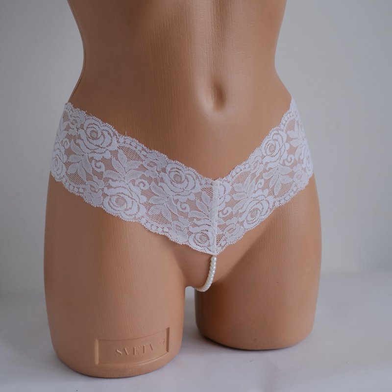 Crotchless lingerie with beads - Erotic panties - sexy underwear for women - 女內衣褲 - 尼龍 白色