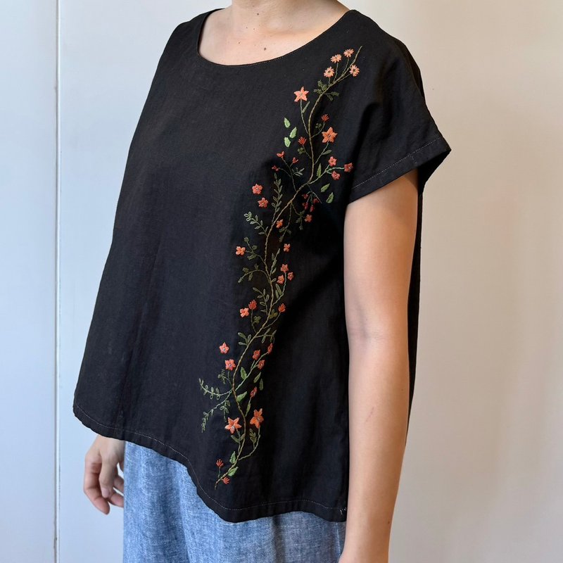 Ebony dyed shirt from linen ,orange flower embroidery - Women's Tops - Cotton & Hemp Brown