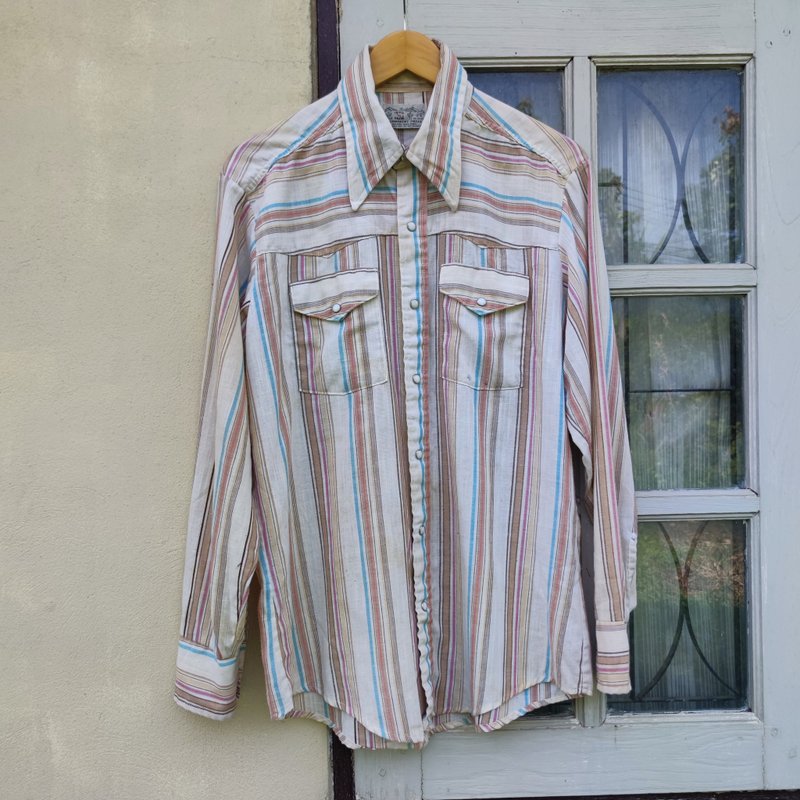 เสื้อเชิ้ตวินเทจ 60s Triple LLL Brand Striped Cowboy Pearl Snap Western Shirt - เสื้อเชิ้ตผู้ชาย - ผ้าฝ้าย/ผ้าลินิน สีกากี