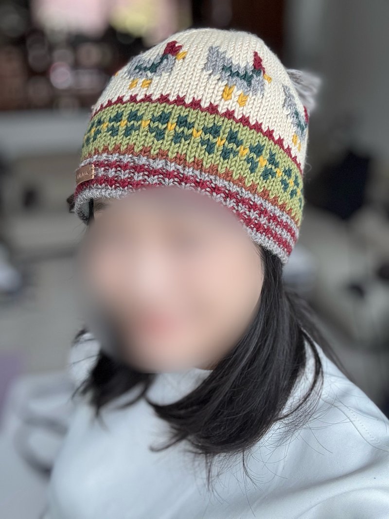 /現貨/米綠配色可愛小公雞幾何圖形純羊毛線手工編織全襯防風毛帽 - 帽子 - 羊毛 卡其色