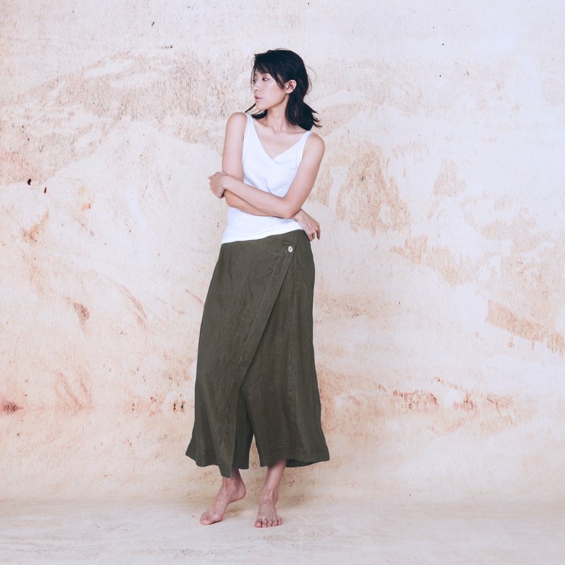 Handmade drop-crotch culottes - Dark green - กางเกงขายาว - ผ้าฝ้าย/ผ้าลินิน สีเขียว