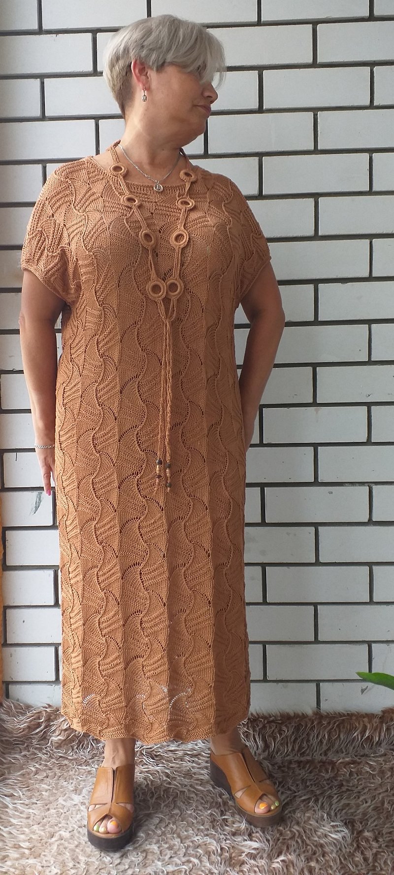 Large summer dress with lurex bronze hand-knitted cotton - ชุดราตรี - ผ้าฝ้าย/ผ้าลินิน สีนำ้ตาล