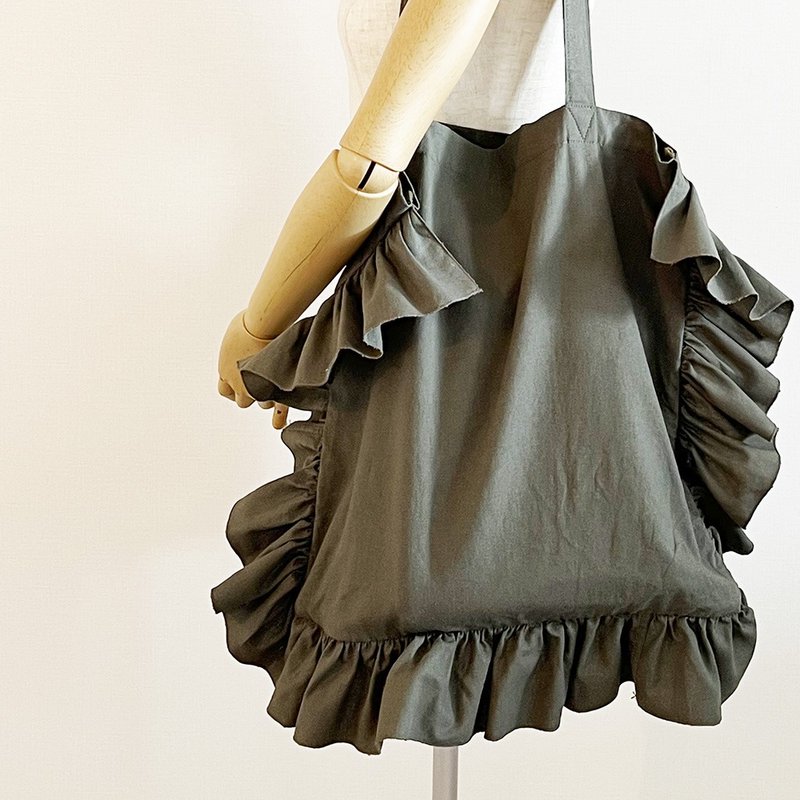 Half Linen ruffle gather big size tote bag grayish khaki - Handbags & Totes - Cotton & Hemp Green