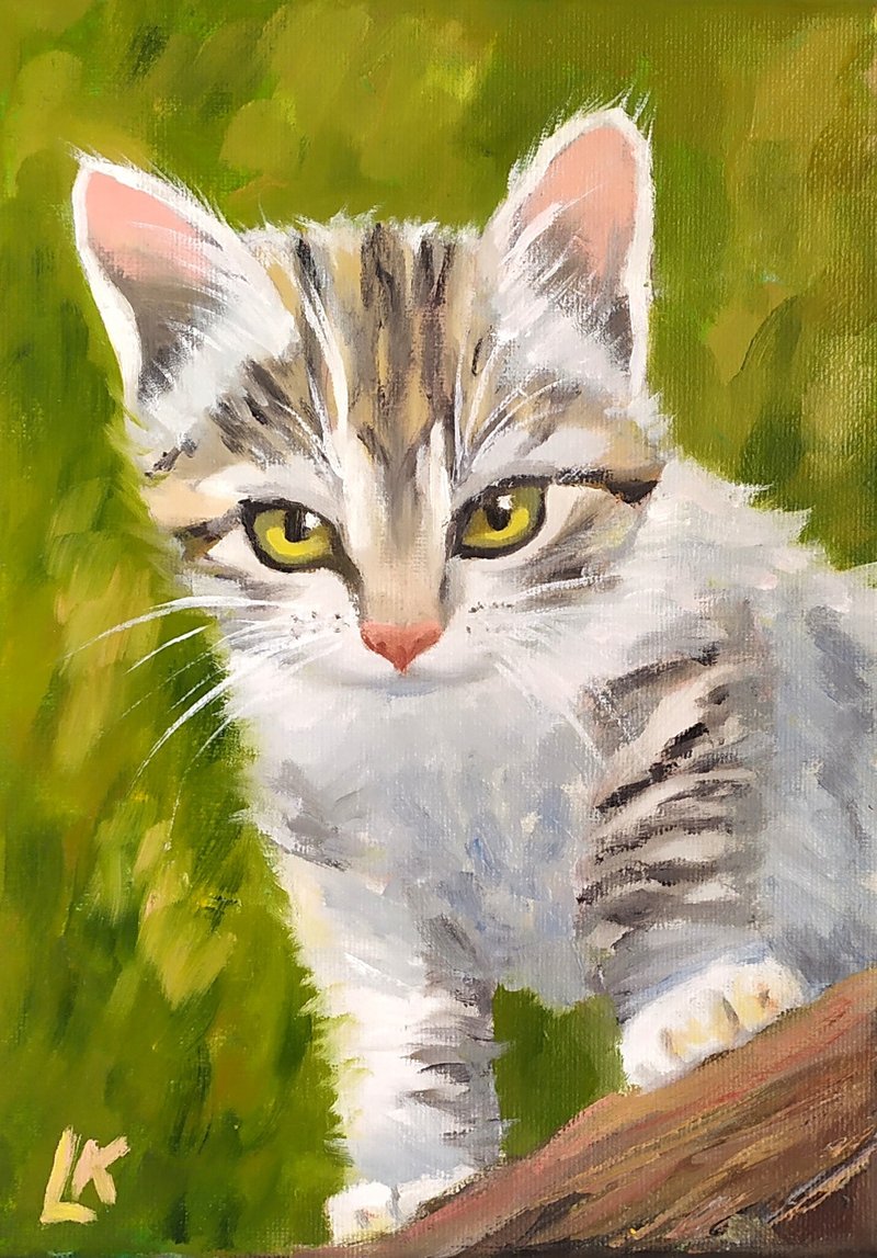 Kitten Oil Painting on Canvas Cat Art Pet Kitten Small Art Gift for Cat Lovers - Wall Décor - Cotton & Hemp Multicolor