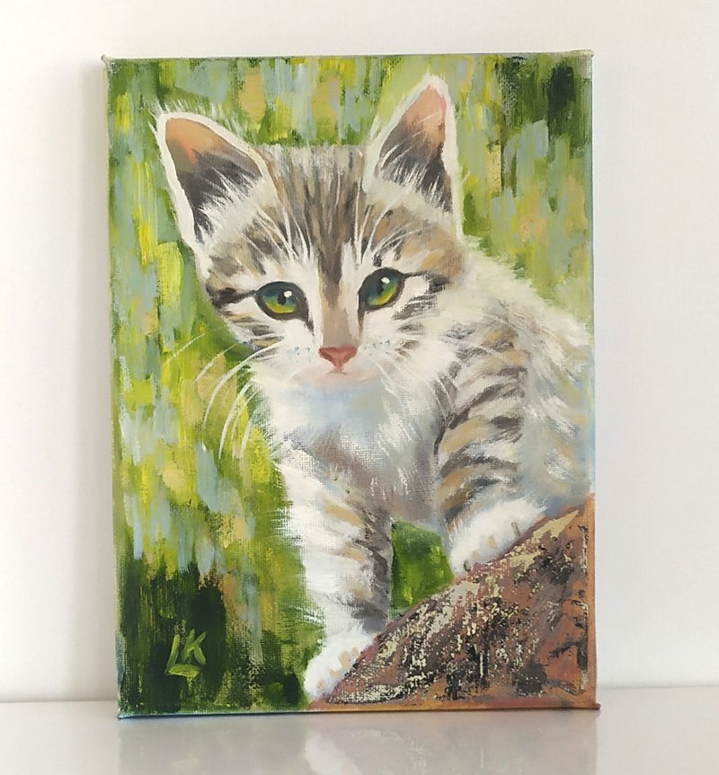 Kitten Oil Painting on Canvas Cat Art Pet Kitten Small Art Gift for Cat Lovers - 壁貼/牆壁裝飾 - 棉．麻 多色