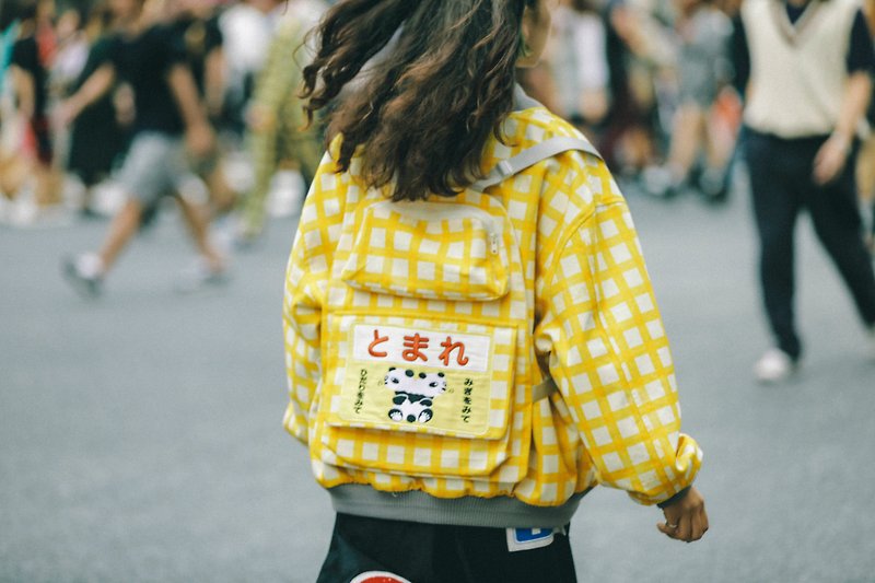 Meugler Niu Choudao [Niu Fu Transportation Bureau] Multi-pocket yellow plaid heavy design Panda vest backpack - Women's Vests - Cotton & Hemp Yellow