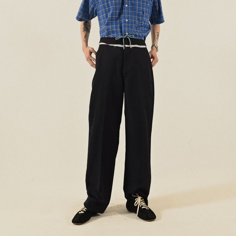 【NaSuBi Vintage】Upcycling鬚邊飾布古著長褲 - 男長褲/休閒褲 - 其他人造纖維 黑色