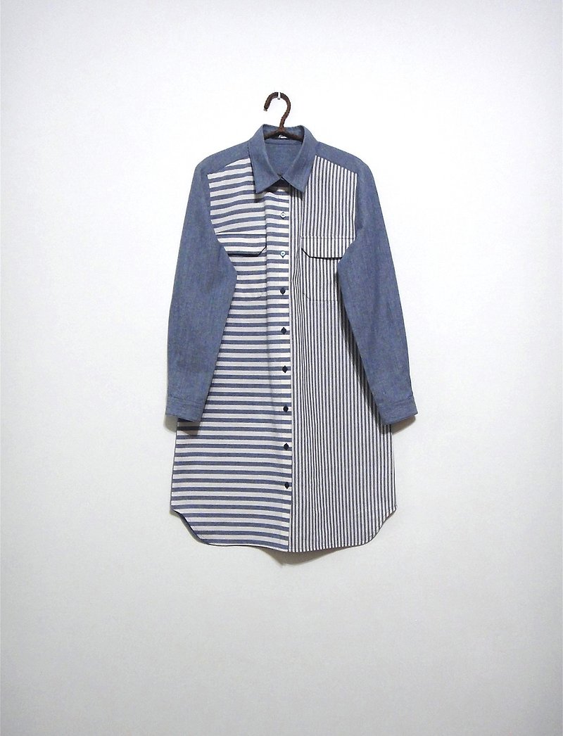 線紋排列 長版襯衫 - 女襯衫 - 棉．麻 藍色