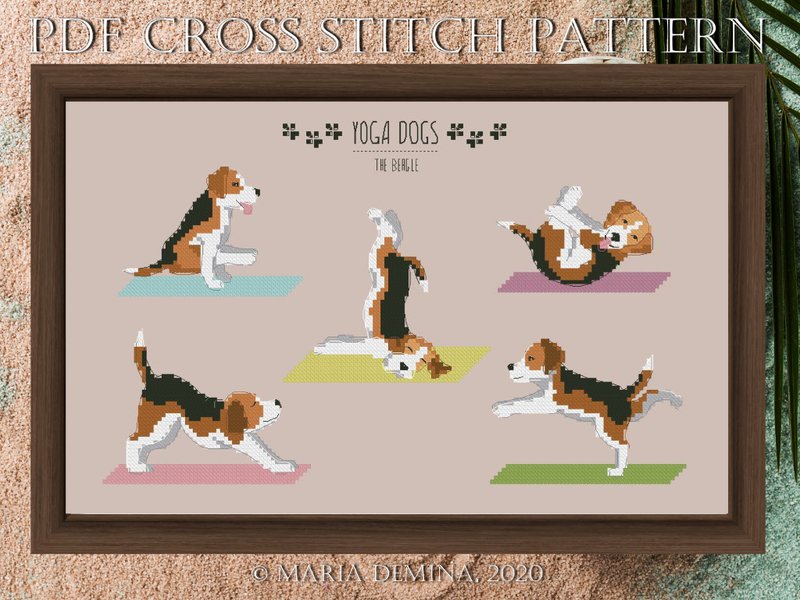 Beagle Yoga modern PDF cross stitch pattern - 手工藝教學/工具書 - 其他材質 