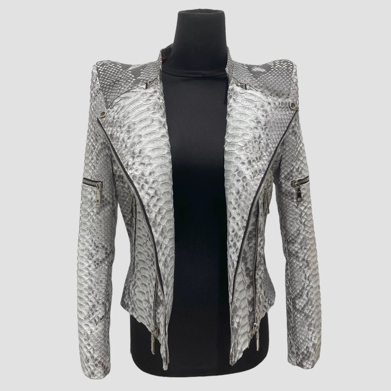 DRAGON PYTHON LEATHER BIKER JACKET - 女大衣/外套 - 其他材質 銀色