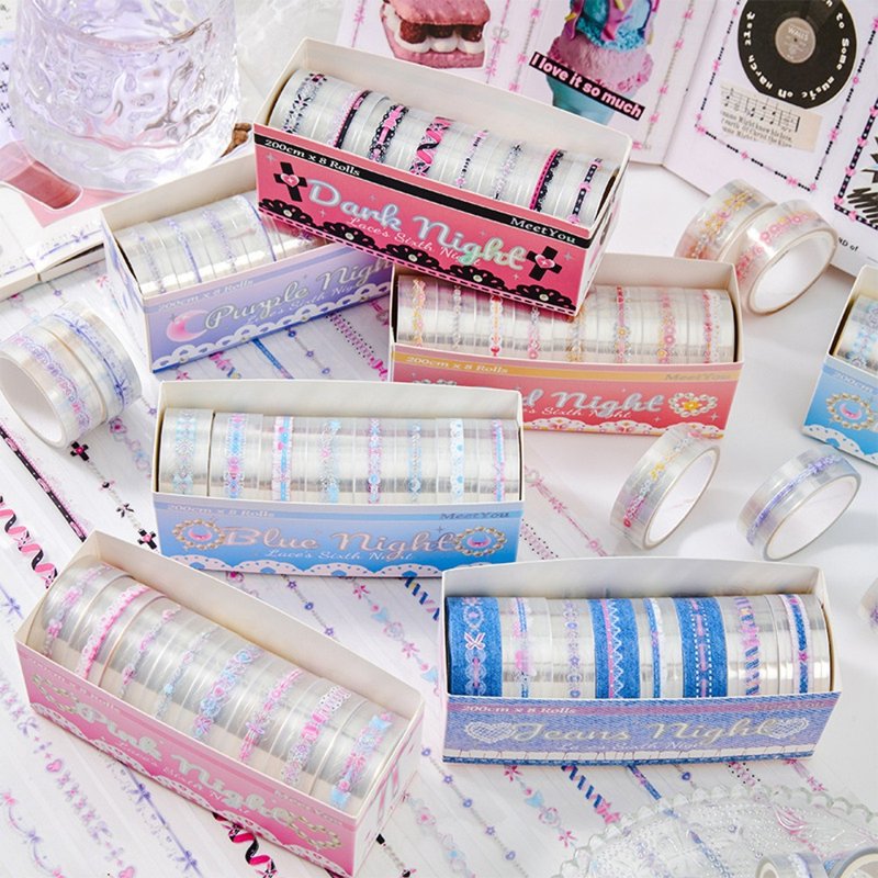 [The Sixth Night of Lace] 8-roll set Korean PET notebook tape retro collage DIY material stickers - Washi Tape - Paper 