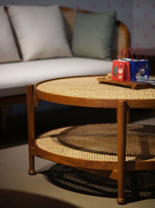 大綠地 肯尼柚木藤編咖啡桌 實木與天然藤的工藝家具 雙層置物 峇里島風