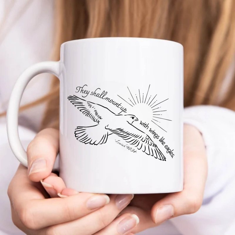 Soar like an eagle with wings Isaiah 40:31 Bible Quotes Mug - แก้วมัค/แก้วกาแฟ - ผ้าฝ้าย/ผ้าลินิน ขาว