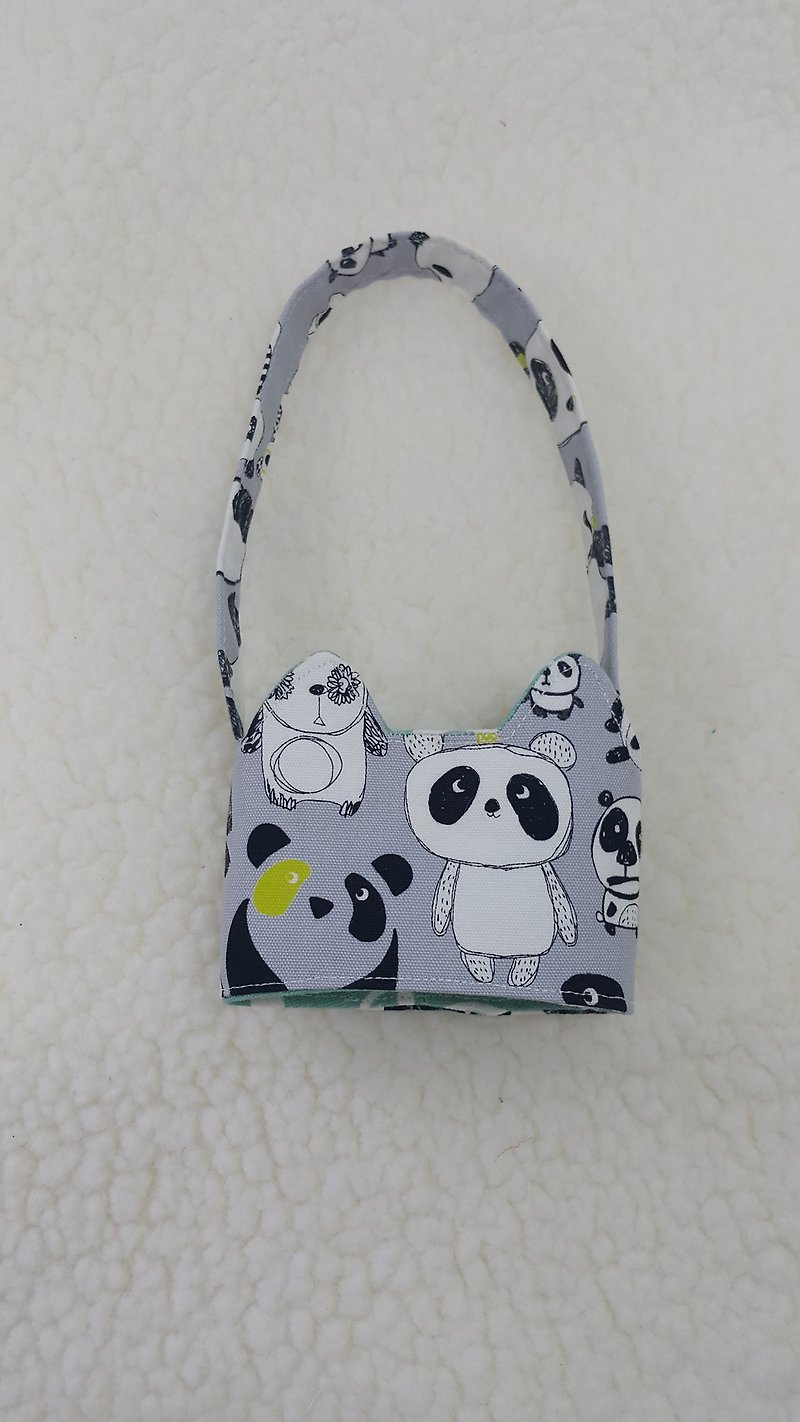 Naughty panda cat ears with eco-friendly drink cup sleeve bag / double-sided available - ถุงใส่กระติกนำ้ - ผ้าฝ้าย/ผ้าลินิน สีเงิน