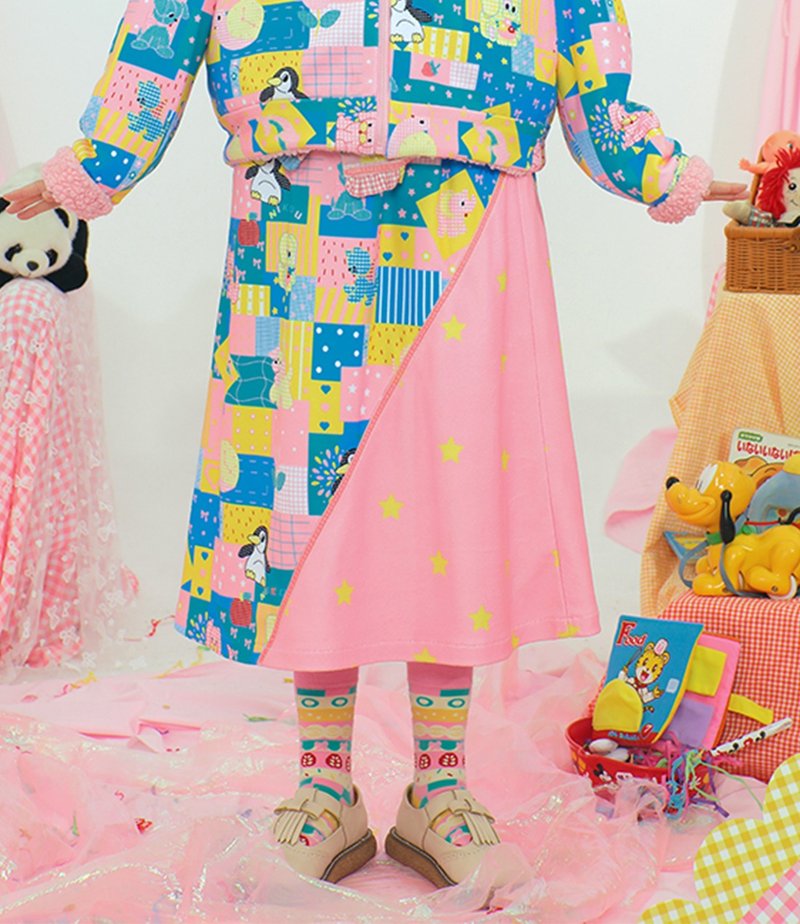 Original printed patchwork skirt, polar fleece winter coat, cute Japanese style - Skirts - Other Materials Multicolor