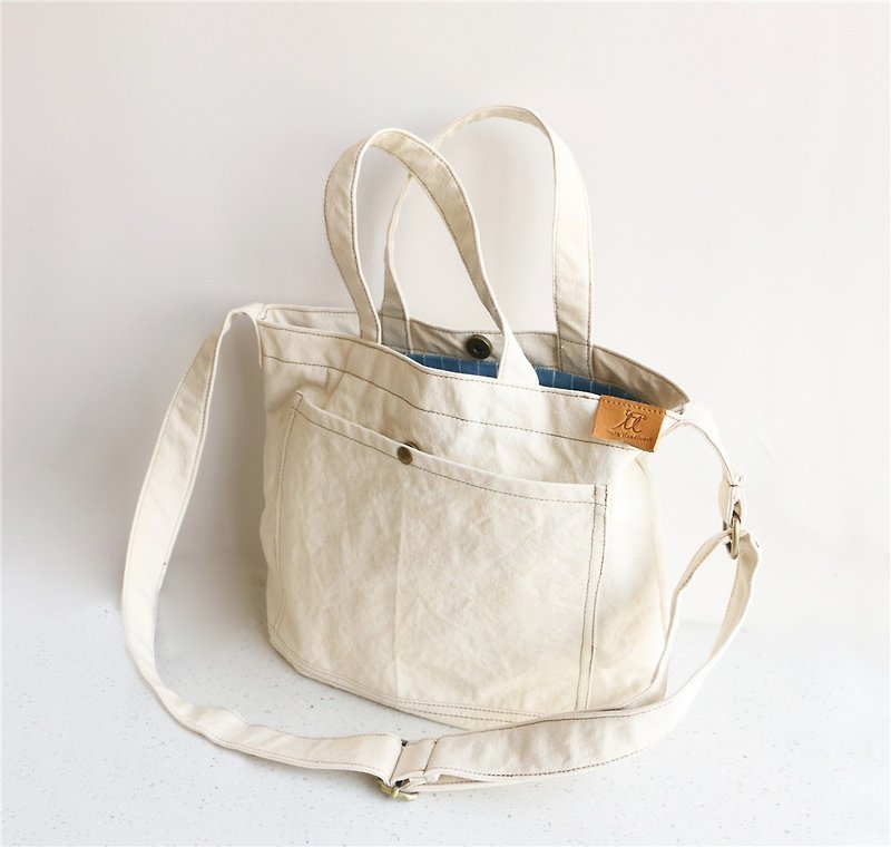 Mingen Handiwork summer Japanese style small fresh beige canvas bag men's and women's bag BB18001 white - กระเป๋าแมสเซนเจอร์ - ผ้าฝ้าย/ผ้าลินิน ขาว