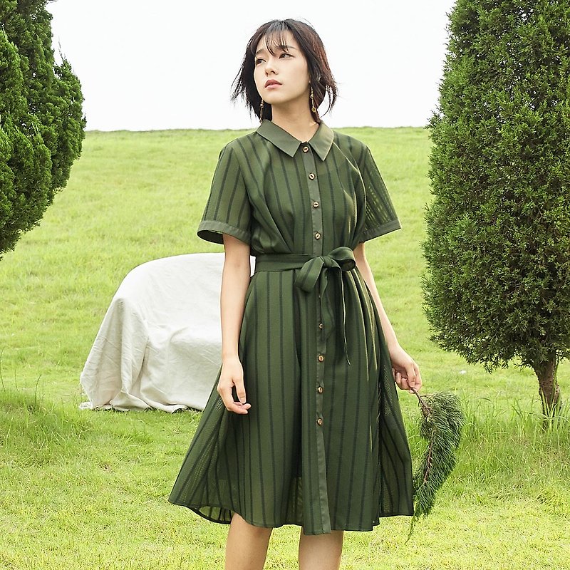 安妮陳2017夏裝新款女士豎條紋兩件套連身裙洋裝 - 連身裙 - 其他材質 綠色