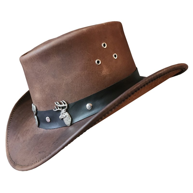 Stag Hunter's Brown Leather Cowboy Hat - Hats & Caps - Genuine Leather Brown