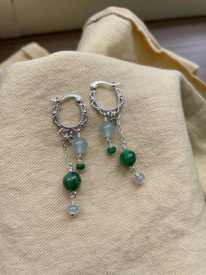 Linglong//Natural Jade A Grade Green Clear Water White Jade 925 Tremella Hook - ต่างหู - หยก 