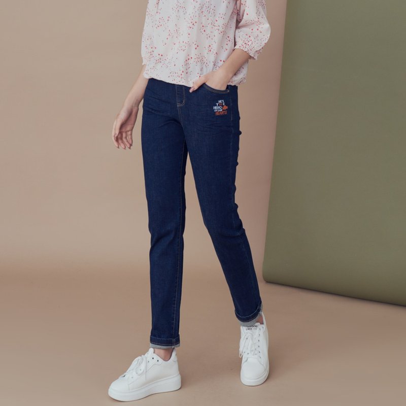 【MEDUSA】Icare 米奇刺繡鬆緊帶牛仔褲 (M-L) | 高彈性 鬆緊腰頭 - 女長褲 - 棉．麻 藍色