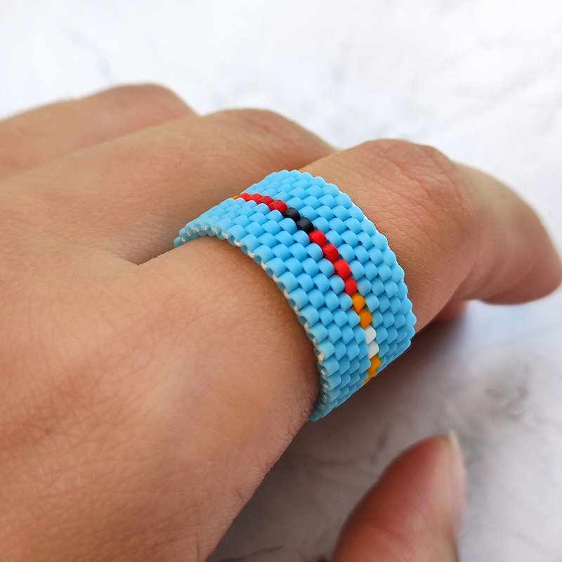 Multicolor beaded ring Geometric design ring Wide flexible ring - 戒指 - 玻璃 多色