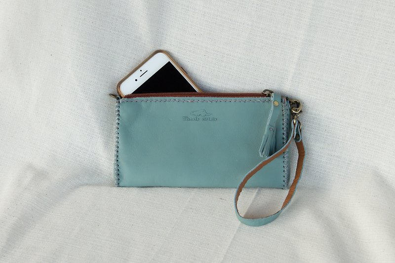 'MOBILE BAG' HANDMADE SMALL LEATHER BAG-TEAL/GREY/GREEN - Toiletry Bags & Pouches - Genuine Leather Blue