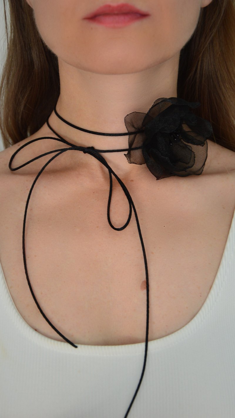 Choker with flower from organza in black colour small - Necklaces - Other Materials Black