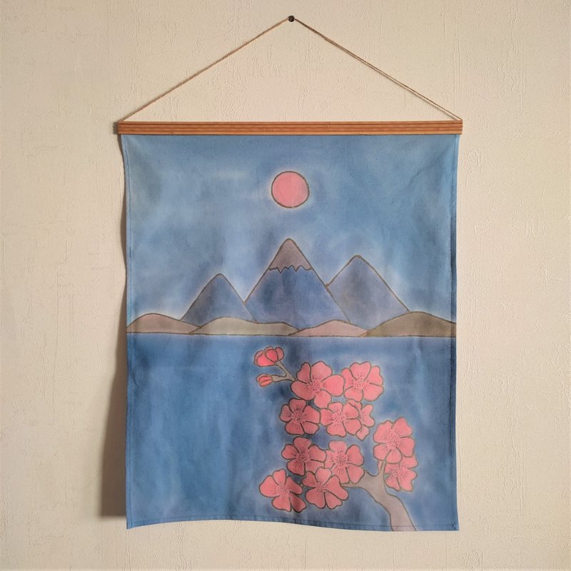 Hanging Fabric Wall Decoration Mountain Landscape with Cherry Blossom Tapestry - 壁貼/牆壁裝飾 - 棉．麻 藍色