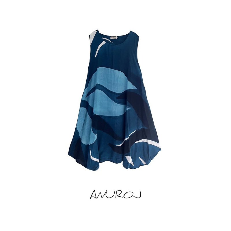 Dress Hand Paint Soft Cotton Silk for Yoga Vacation Holidays - 洋裝/連身裙 - 棉．麻 藍色