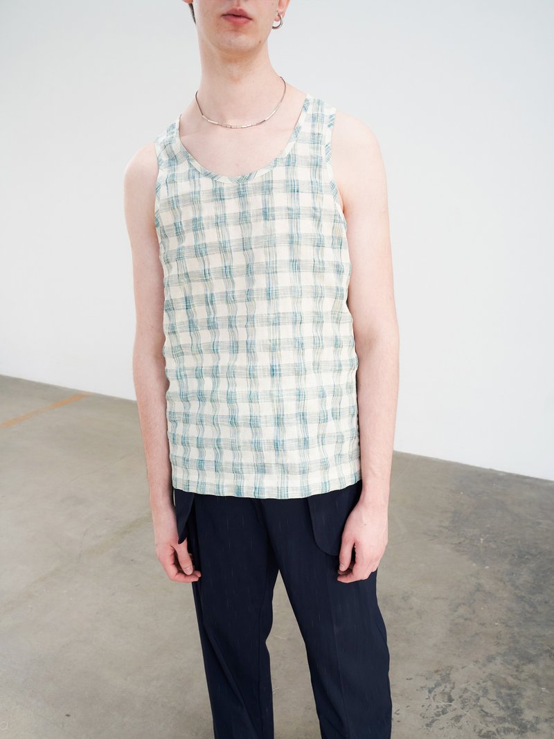 GRAINMUSTARD Green and white small grid crumpled textured cotton and Linen vest retro woven pullover inner wear - เสื้อกั๊กผู้ชาย - ผ้าฝ้าย/ผ้าลินิน สีเขียว