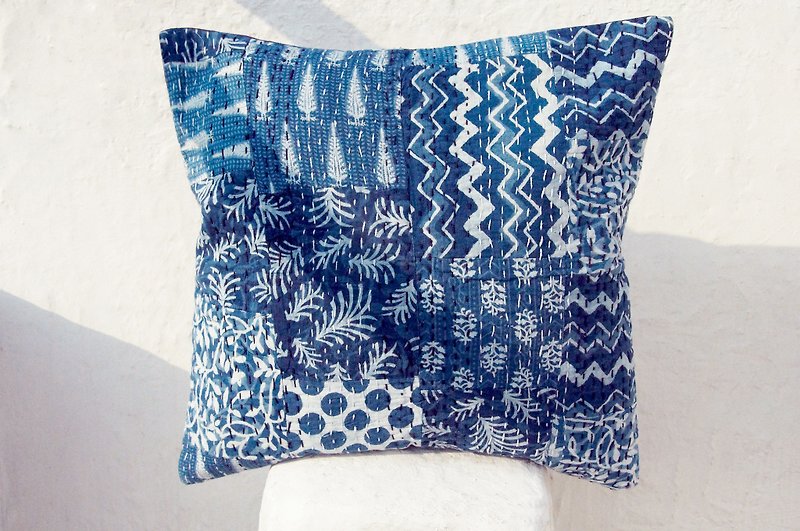 Handmade limited flower embroidery pillowcase / cotton pillowcase / printing pillowcase / indigo blue dyeing pillowcase - Patchwork blue stained forest - Pillows & Cushions - Cotton & Hemp Blue