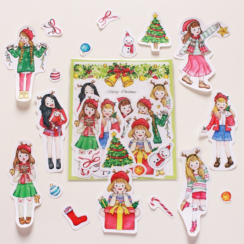 【冬季聖誕女孩】7入貼紙組 - 貼紙 - 紙 紅色