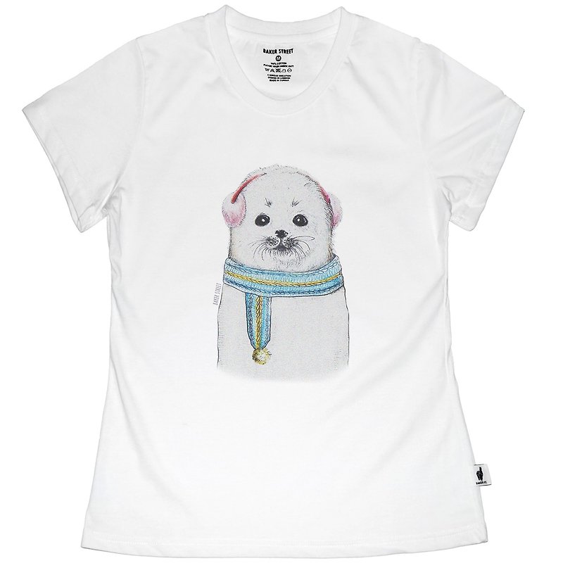 British Fashion Brand -Baker Street- Seal Printed T-shirt - เสื้อยืดผู้หญิง - ผ้าฝ้าย/ผ้าลินิน ขาว