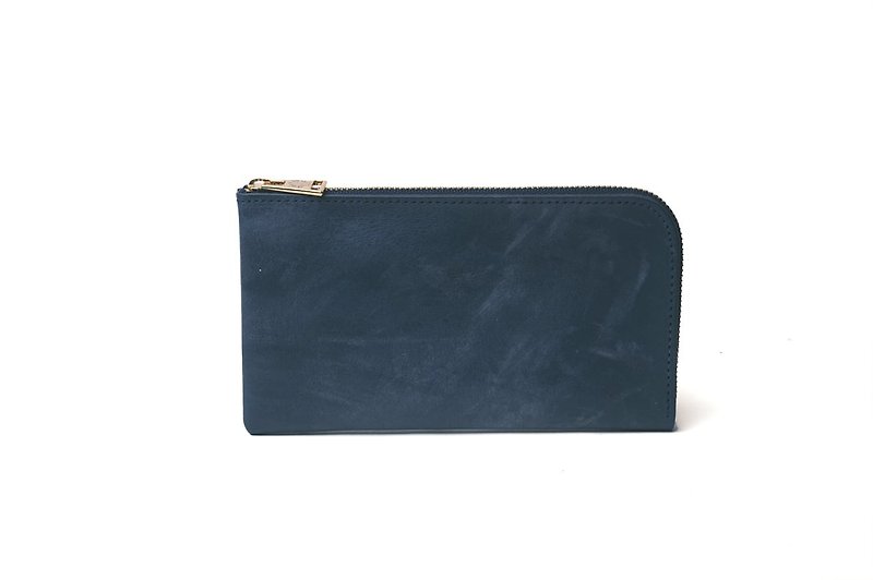 Middle long wallet in waxed leather Colour : Navy - Wallets - Genuine Leather Blue