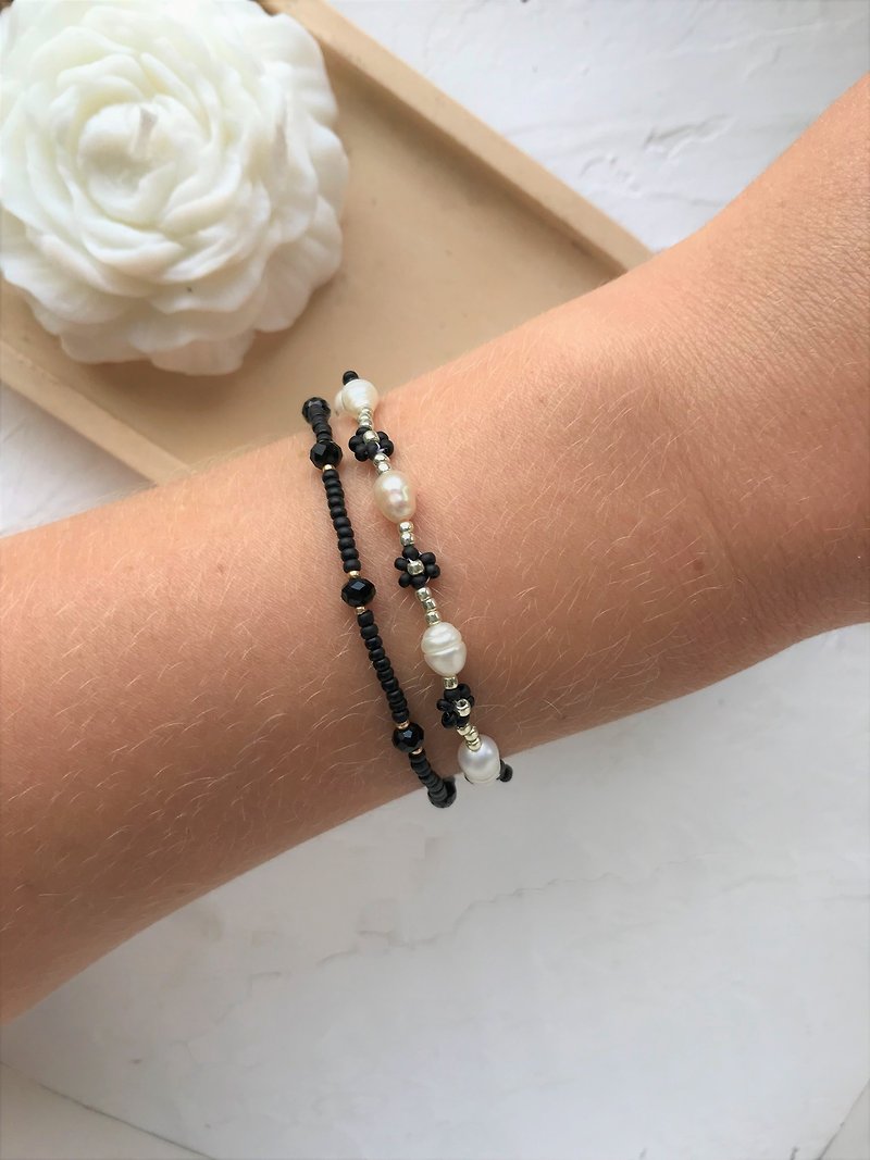 珍珠 手鍊/手環 黑色 - Black daisy bracelets set. Flower seedbeaded bracelet. Pearl cute jewellery.