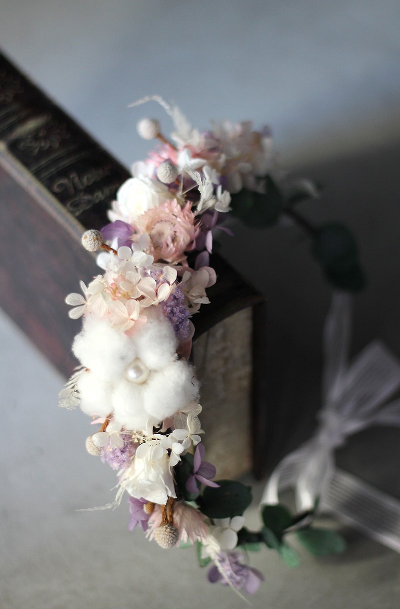 新娘花冠【乾燥花與不凋花系列】棉花/粉紅色的浪漫 - 髮夾/髮飾 - 植物．花 粉紅色