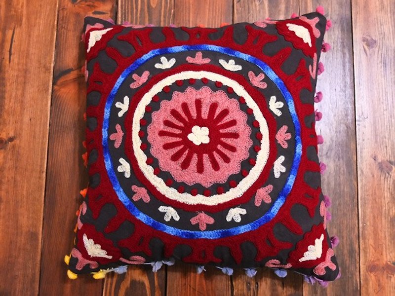 【Grooving the beats】Handmade Suzani Cushion Cover / Embroidery Pillow cover / Indian Handcrafted Embroidered Traditional Home Decorative Cotton Cushion Cover / Home Decor Hand Embroidered Woolen Turkish Cushion Cover / Pillow Case（Sun_Grey fabric） - Pillows & Cushions - Cotton & Hemp Multicolor