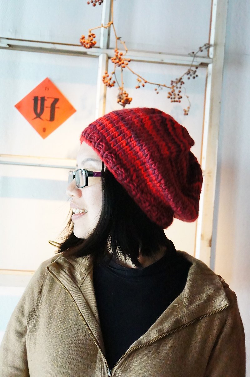 針織 貝雷 毛線帽 - 帽子 - 羊毛 紅色