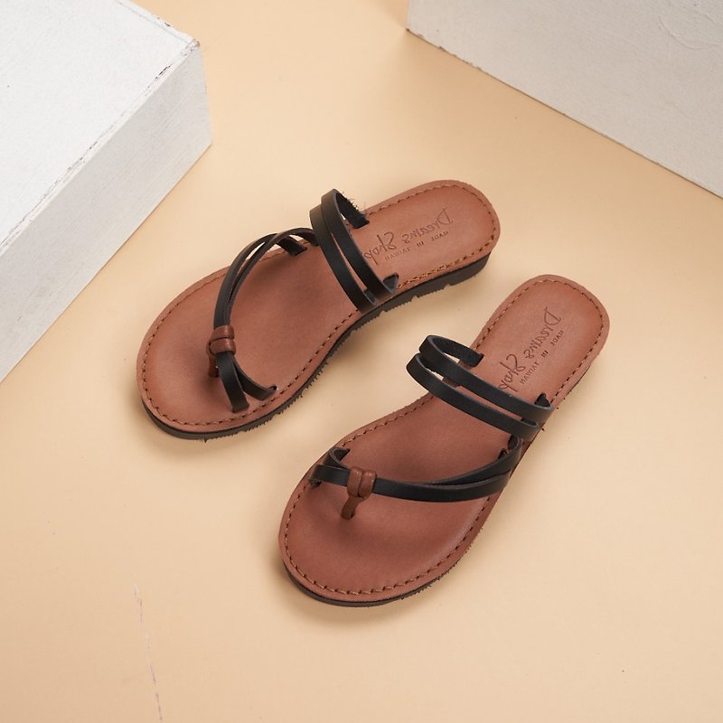 MIT leather decompression 2way thin belt clip foot flat sandals black 23.5-27.5cm - Sandals - Genuine Leather Black