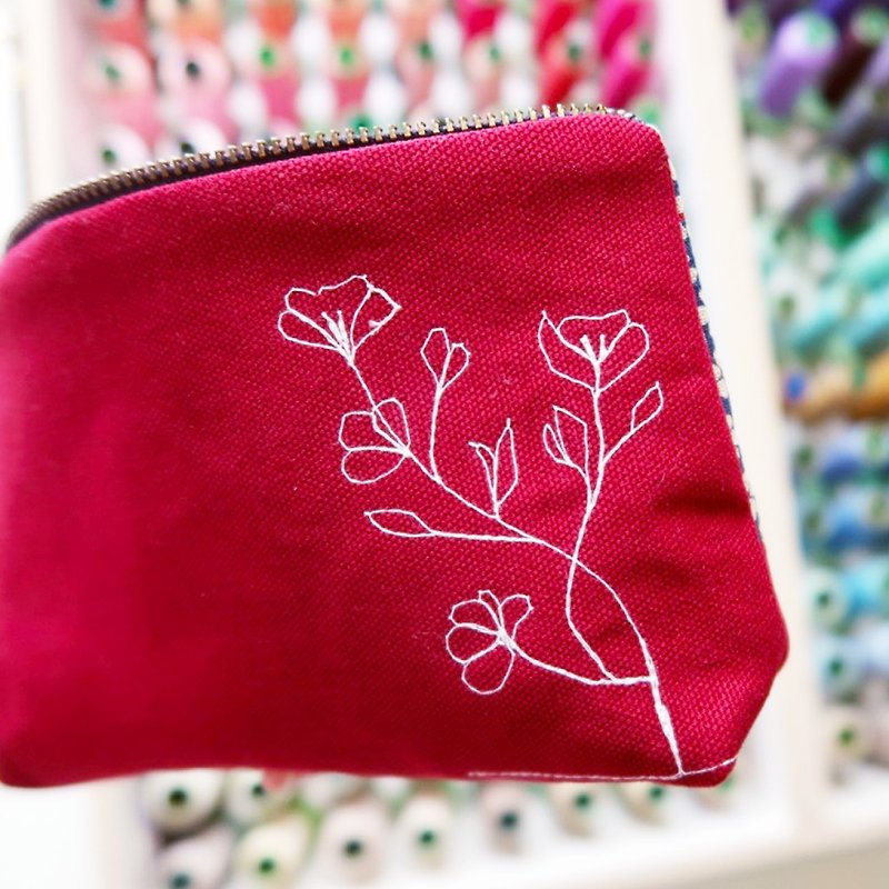Embroidery Red flowers  - cosmetic zipper  pencil bag - Clutch Bags - Cotton & Hemp Red