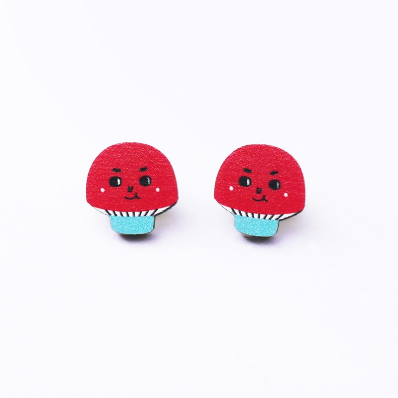 Red Mushroom 紅色蘑菇木製耳環 原創插畫耳環 耳針無耳洞耳夾 - 耳環/耳夾/耳骨夾 - 木頭 紅色