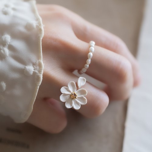 秋の福袋】リング重ね付けセット / 花占 + 淡水パール ビーズ