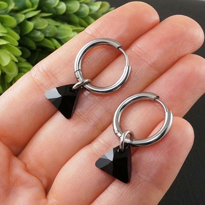 Black Triangle Swarovski Crystal Hoops Stainless Steel Hoop Earrings Jewelry - ต่างหู - คริสตัล สีดำ